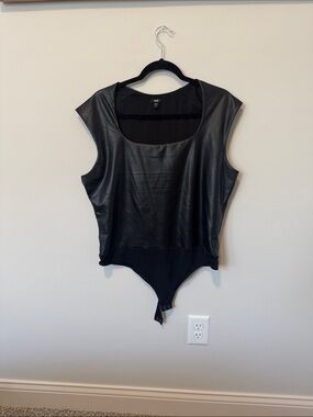 Express Black Faux Leather Scoop-Neck Bodysuit